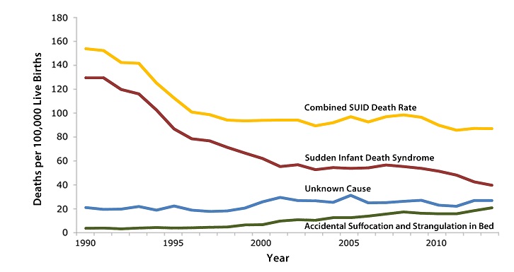 Sudden Infant Death Syndrome (SIDS) rates declined considerably from 130.3 deaths per 100,000 live births in 1990 to 55.7 deaths per 100,000 live births in 2001. Unknown Cause infant mortality rates have remained unchanged from 1990 to 2010. In 2011, the Unknown Cause mortality rate in infants was 22 deaths per 100,000 live births. Accidental Suffocation and Strangulation in Bed (ASSB) mortality rates remained unchanged until the late 1990s. Rates started to increase beginning in 1998 and reached the highest rate at 17.8 deaths per 100,000 live births in 2008. The total combined Sudden Unexpected Infant Death rate (which includes SIDS, Unknown Cause, and ASSB) declined considerably following the American Academy of Pediatrics safe sleep recommendations released in 1992 the initiation of the Back to Sleep campaign in 1994, and the release of the Sudden Unexplained Infant Death Investigation Reporting Form in 1996. However, the total combined Sudden Unexpected Infant Death rate has not decreased significantly since 1999.